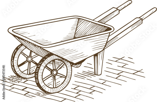Vintage two wheeled wheelbarrow illustration on brick pavement, hand drawn gardening equipment sketch