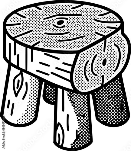 Rustic wooden three legged stool illustration with textured grain and vintage engraving