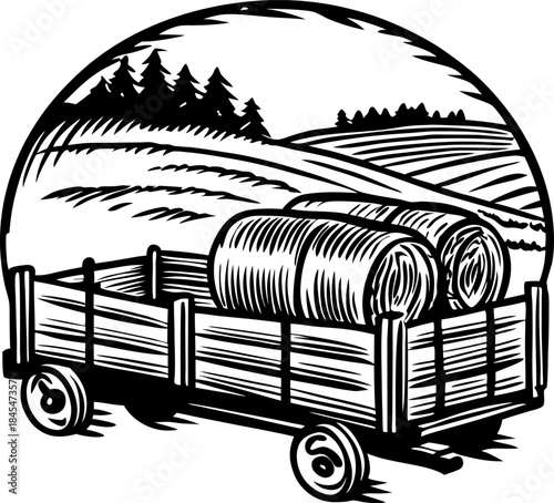 Rustic farm wagon carrying hay bales in countryside field landscape illustration