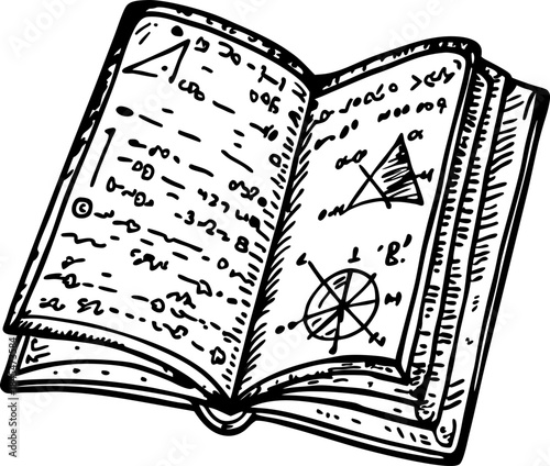 Open math textbook with hand drawn geometric formulas, diagrams and algebraic equations illustration
