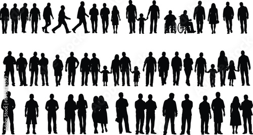 Large collection of diverse people silhouettes including business professionals, casual students, families, and readers for various community concepts.