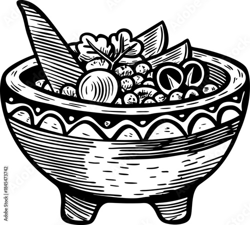 Mexican molcajete bowl with fresh vegetables and herbs in rustic hand drawn