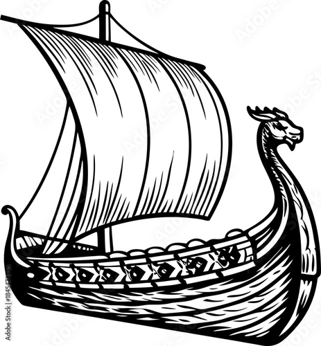 vintage viking longship illustration with sail and dragon prow isolated on white background