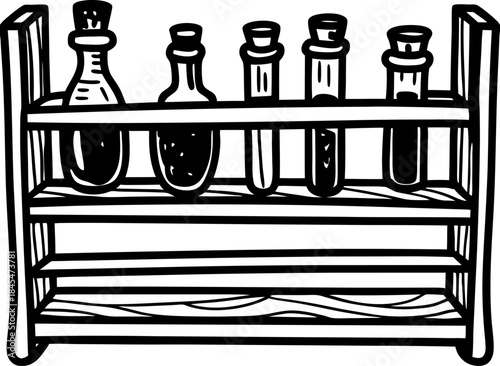 Wooden test tube rack with assorted laboratory glassware in linear black and white illustration