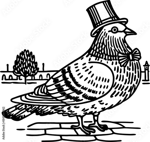 Elegant pigeon wearing top hat and bow tie standing on cobblestone street in historic cityscape