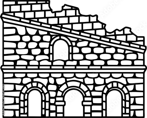 Ancient stone fortress ruins with arched windows and crumbling wall outline illustration