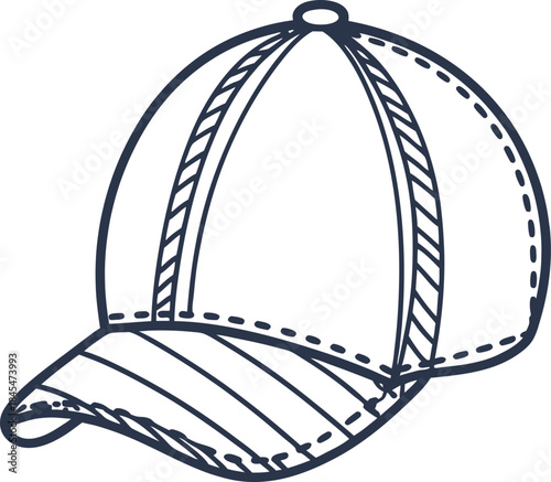 Blue outline baseball cap icon with stitched panels and curved visor on white background
