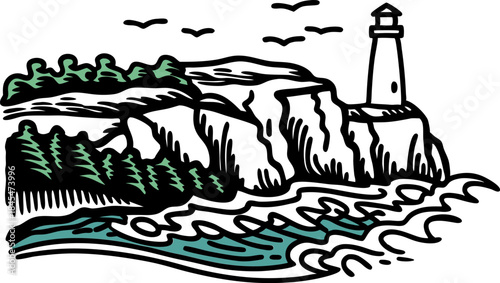 Coastal lighthouse on rocky cliff with ocean waves, evergreen forest and flying seabirds illustration