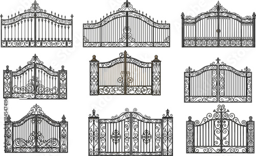 Vector illustration of wrought iron gates—symbols for decorative metalwork, architectural elegance, garden entry, classic design, and ornamental craftsmanship reference