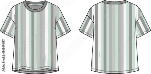 Striped oversized T-shirt fashion template with vertical stripe pattern, relaxed fit silhouette, clean stitching lines for modern apparel design cad drawing flat vector illustration