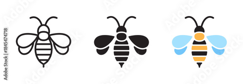 Honeybee icons. Honey bees black, yellow and blue line icon set. Insect sign, symbol. Vector illustration. Editable stroke. Isolated on a white background. Flat design decoration element.