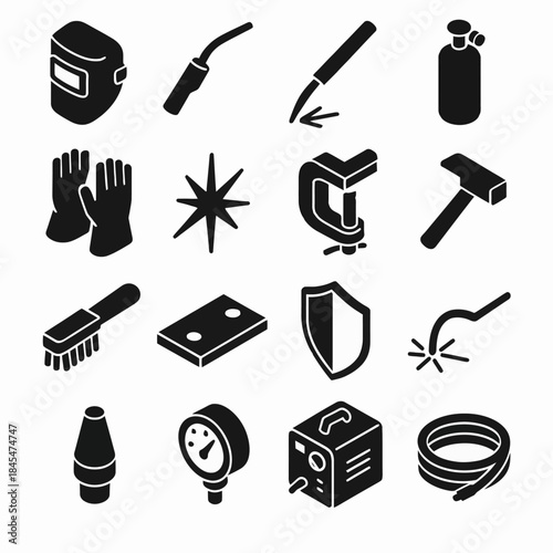 Black silhouette icons of welding tools and safety equipment