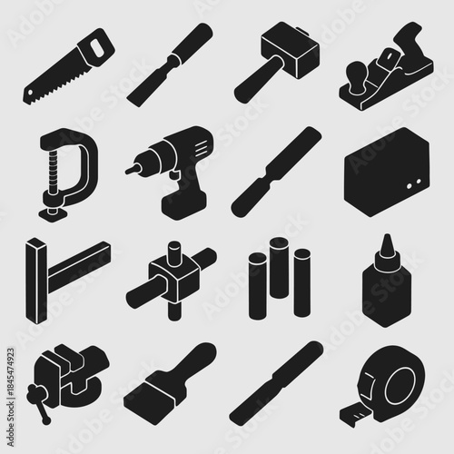 Isometric black silhouette icons of various hand and power tools