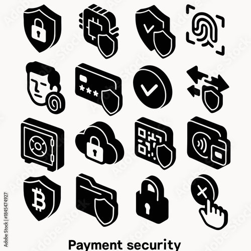 Payment security concept icons: lock, qr code, fingerprint, cryptocurrency, wallet