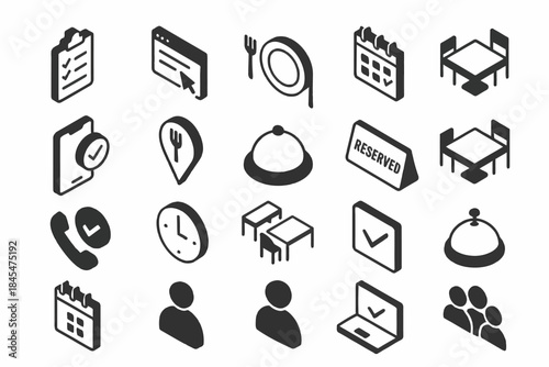 Restaurant booking icons: reservation, menu, dining set, calendar, checkmark, bell