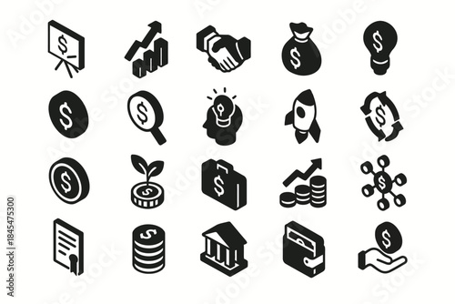 Business and finance icons set featuring dollar signs and growth symbols