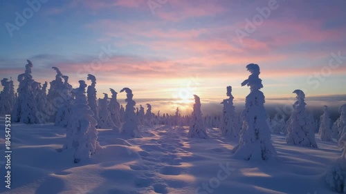 Winter landscape in the fir forest at sunrise	