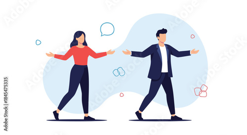 Man and woman walking towards each other with open arms for a welcoming embrace, symbolizing reunion, friendship, or partnership.