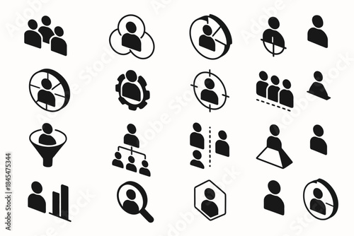Set of 20 black silhouette icons for business and marketing concepts