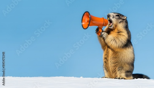 A playful groundhog holds a megaphone in the snow