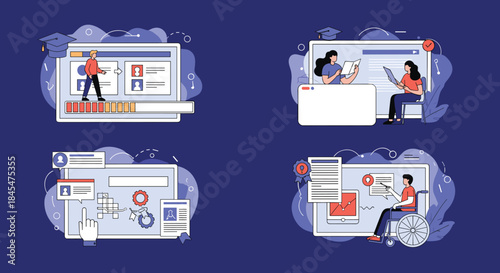 Set of four illustrations depicting concepts of e-learning, online courses, skill development, and digital accessibility for all students.