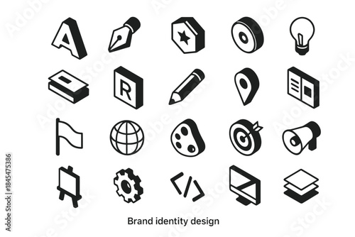Brand identity design elements: icon set including pencil, lightbulb, globe, flag, palette