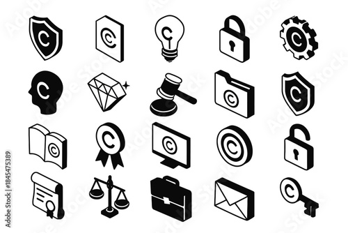 Copyright icons set featuring locks, scales, and light bulb designs