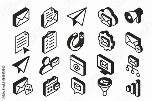 Email and communication icons set: envelopes, paper plane, megaphone, calendar, funnel