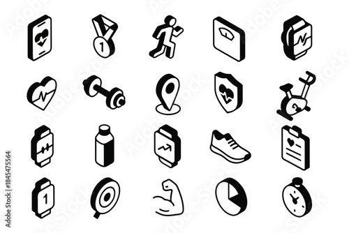 Fitness and health icons: wearables, exercise, nutrition, progress tracking