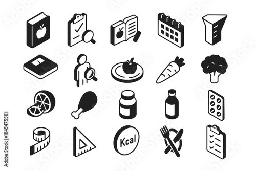 Healthy eating icons: nutrition, diet planning, and fitness symbols