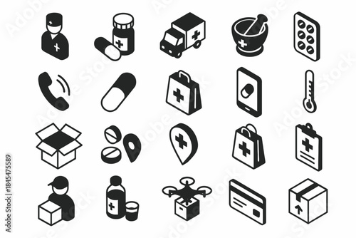 Healthcare and medicine icons set featuring doctor, pills, delivery, and medical technology