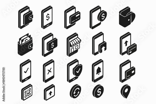 Isometric icons: mobile payments, wallets, and e-commerce concept
