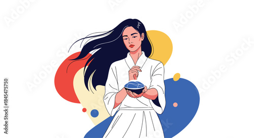 Serene woman with long flowing hair holding a celestial bowl of stars, representing mindfulness, spirituality, and cosmic energy.