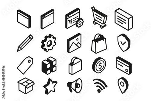 Set of isometric icons featuring web, shopping, and communication elements