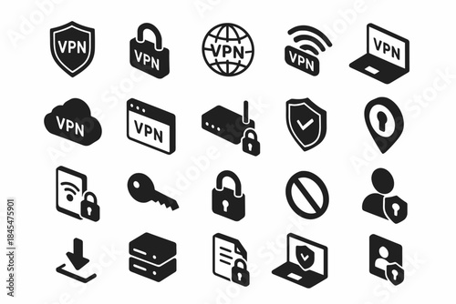 Vpn and security icons set illustrating data privacy and network protection
