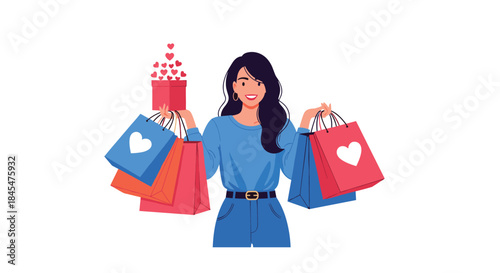 Joyful young woman loaded with colorful shopping bags and a gift box, celebrating a successful shopping spree or special occasion.