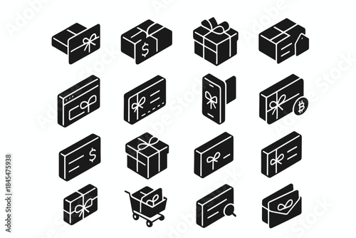 Isometric black gift card and package icons set for shopping and e-commerce concepts
