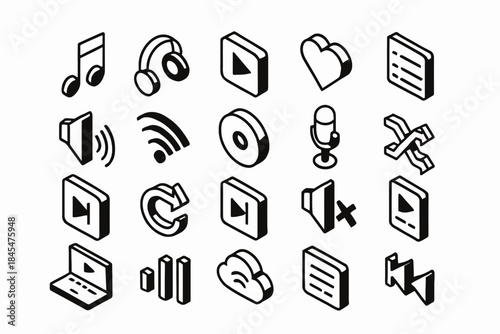Isometric music and audio icon set with headphones, notes, and playback symbols