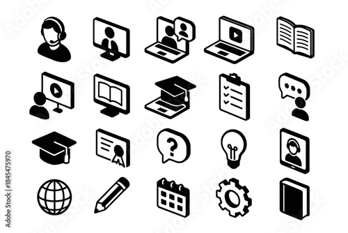 Education and communication icons: online learning, certificates, and media in black and white