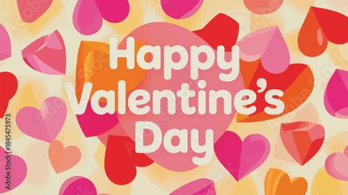 A clean white background with floating colorful hearts in shades of pink, red, and orange, happy valentine's day greeting, festive holiday