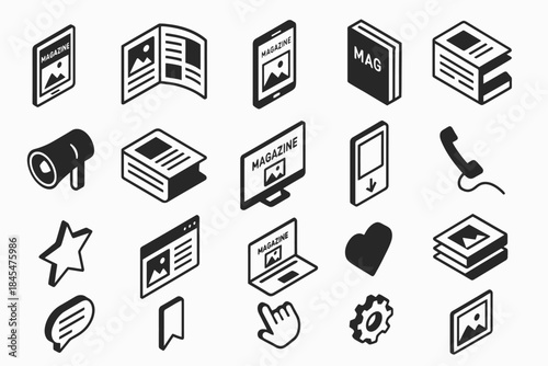 Monochrome media and communication icons set featuring various devices and tools