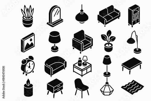 Collection of black and white isometric home furniture and decor icons
