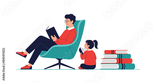 Loving father and his young daughter reading books together in a cozy setting, promoting family bonding and early literacy.