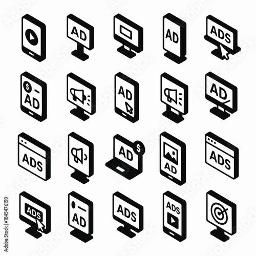 Isometric icons of advertisement and marketing on various devices and platforms