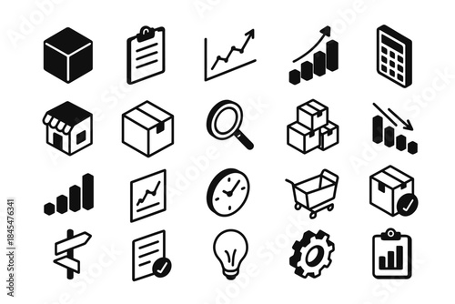 Collection of black business and finance icons on white background