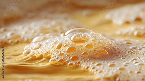 ro photograph capturing the intricate details of a golden beverage featuring a dynamic frothy surface with numerous translucent light reflecting bubbles