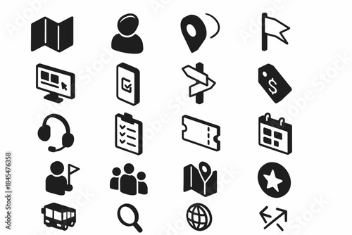 Set of travel and navigation icons: map, user, location, flag, ticket, calendar, bus, search, globe