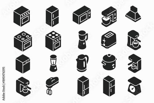 Set of black kitchen appliance icons in isometric style