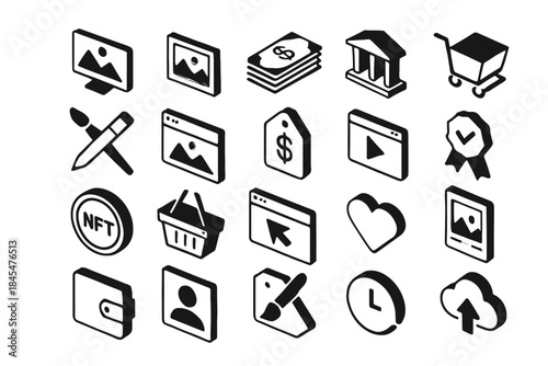 Collection of black and white digital icons representing various online concepts