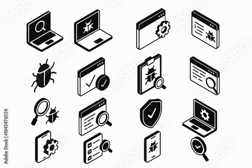 Isometric tech icons set: laptops, bugs, magnifying glasses, mobile devices, settings